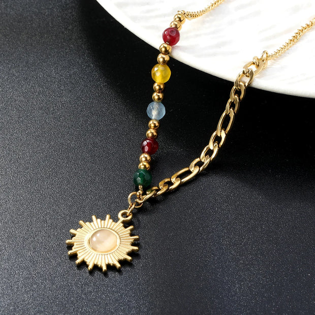 Collier Rayon de Vie en Pierres Naturelles et Soleil Doré - Chevillère Bijoux