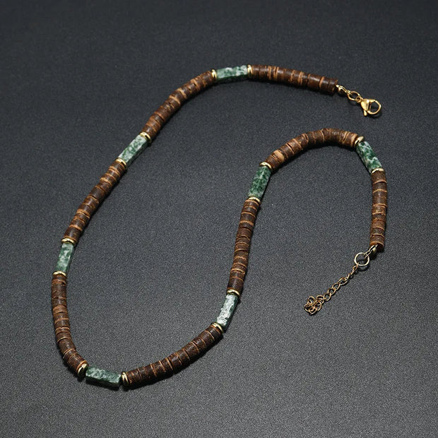 Collier En Pierres Naturelles - Forêt Sacrée - Jade et Bois - Chevillère Bijoux