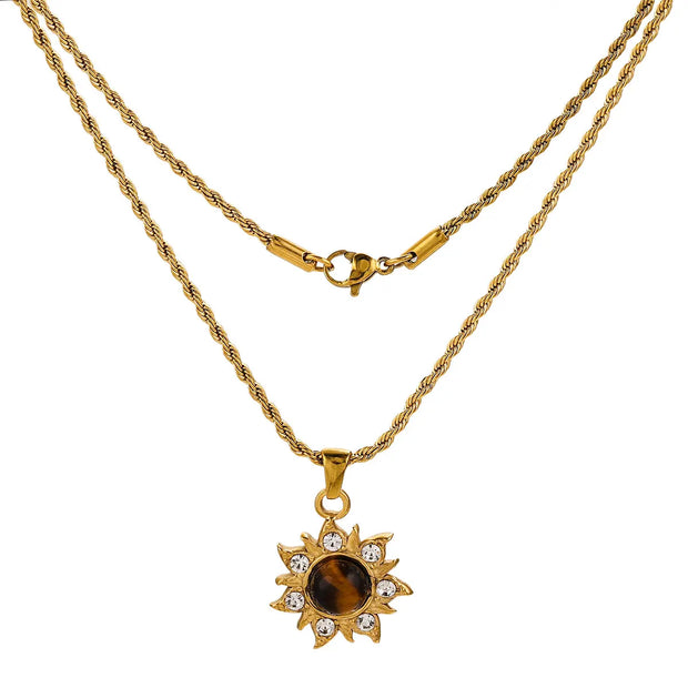 Collier Soleil de Protection en Œil de Tigre et Zircon - Chevillère Bijoux