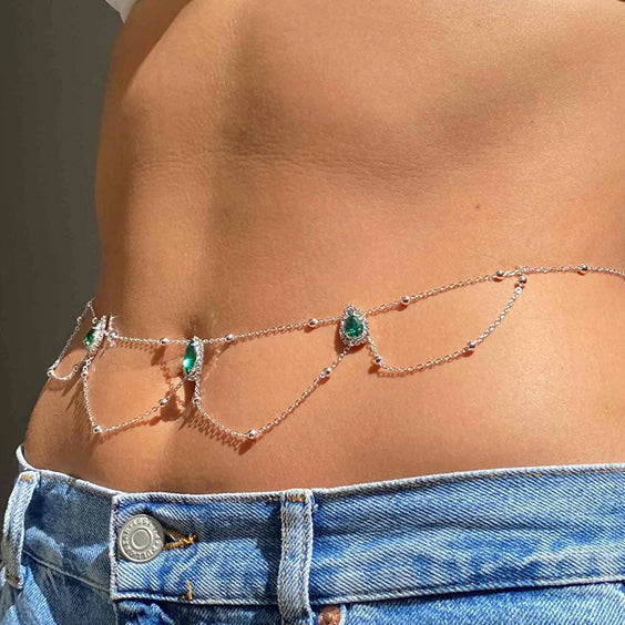 Chaine de ventre ornée de cristaux couleur émeraude - Nell Chevillère Bijoux
