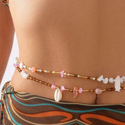 Double chaine de taille en perles, pendentif en pierre naturelle et coquillage  -Alanis Chevillère Bijoux