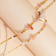 Double chaine de taille en perles, pendentif en pierre naturelle et coquillage  -Alanis Chevillère Bijoux