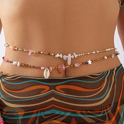 Double chaine de taille en perles, pendentif en pierre naturelle et coquillage  -Alanis Chevillère Bijoux
