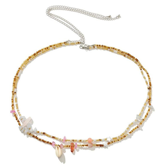 Double chaine de taille en perles, pendentif en pierre naturelle et coquillage  -Alanis Chevillère Bijoux