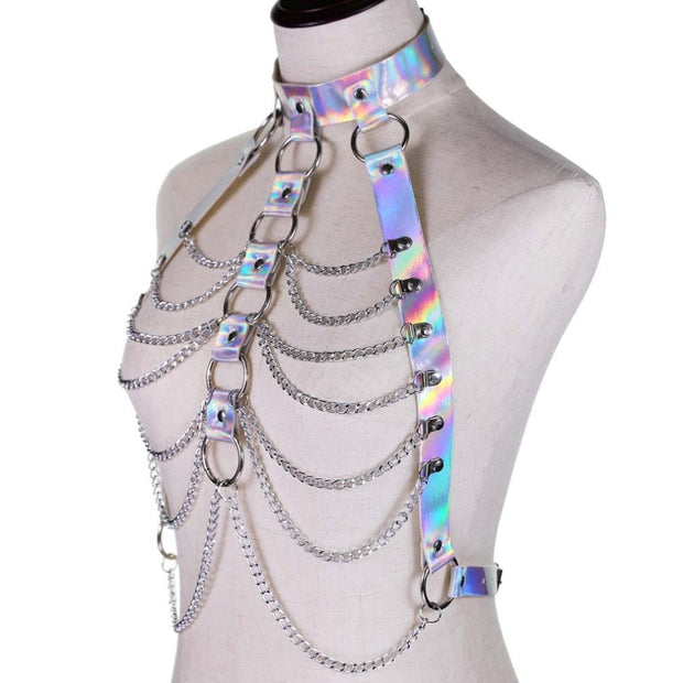 Harnais femme holographique avec chaînes métalliques - Chevillère Bijoux