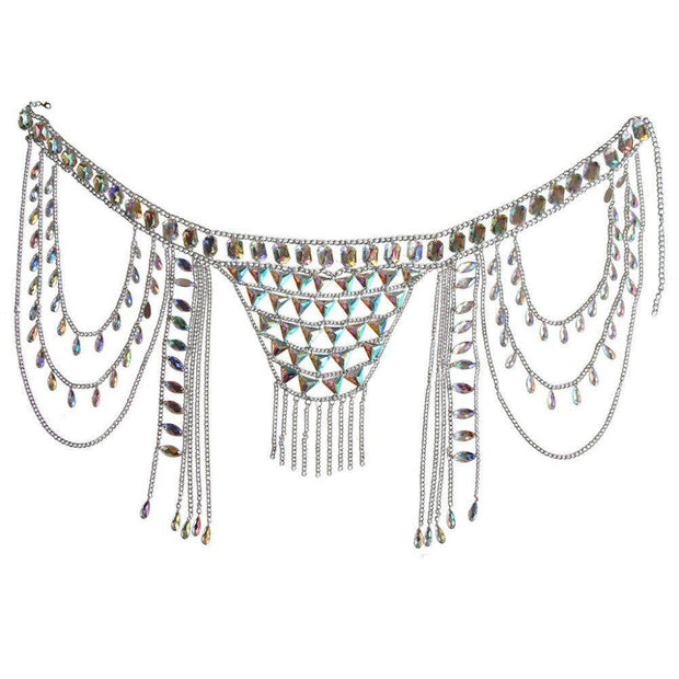 Corset à franges ornées de chaînes et sequins. Chevillère Bijoux
