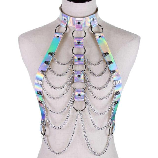Harnais femme holographique avec chaînes métalliques - Chevillère Bijoux