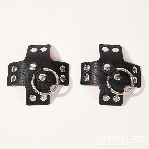 Couvre téton cuir, clous et anneaux, style BDSM sexy chic - Anastasia Chevillère Bijoux