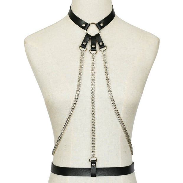 Harnais cuir femme avec triple chaines type bondage - 4 couleurs ! Chevillère Bijoux