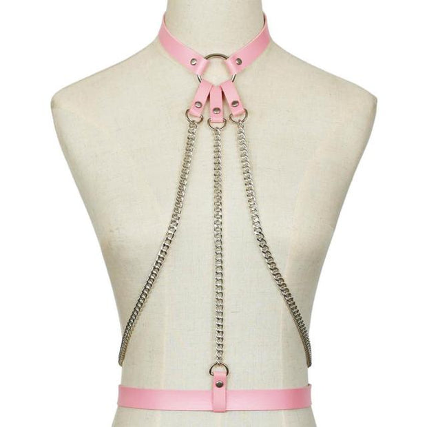 Harnais cuir femme avec triple chaines type bondage - 4 couleurs ! Chevillère Bijoux