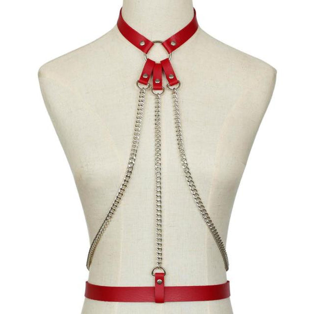 Harnais cuir femme avec triple chaines type bondage - 4 couleurs ! Chevillère Bijoux