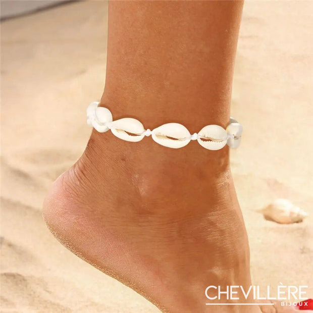 Bracelet de cheville coquillage blanc réglable