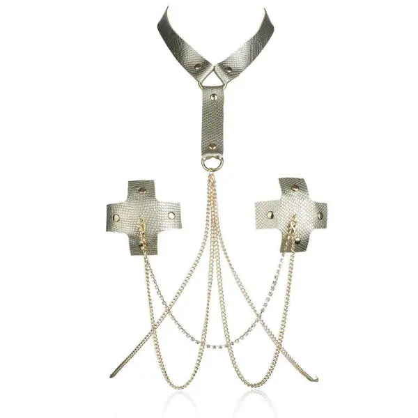 Cache téton en croix effet cuir avec chaine de corps doré - Audrey Bijoux de Corps