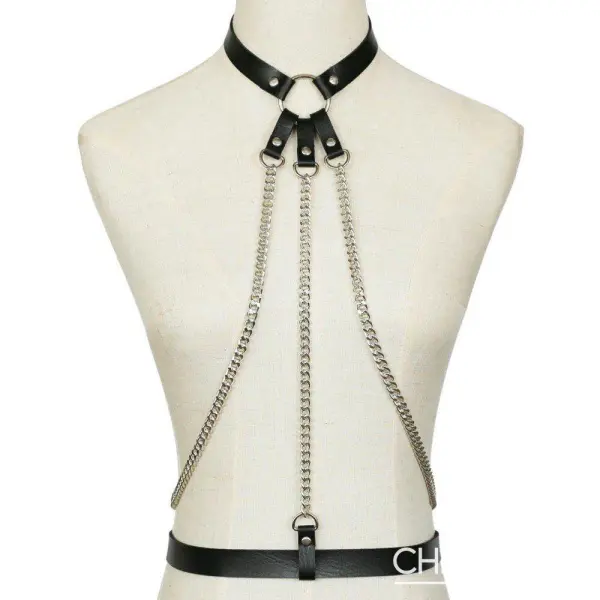 Harnais cuir femme avec triple chaines type bondage - 4 couleurs ! Chevillère Bijoux