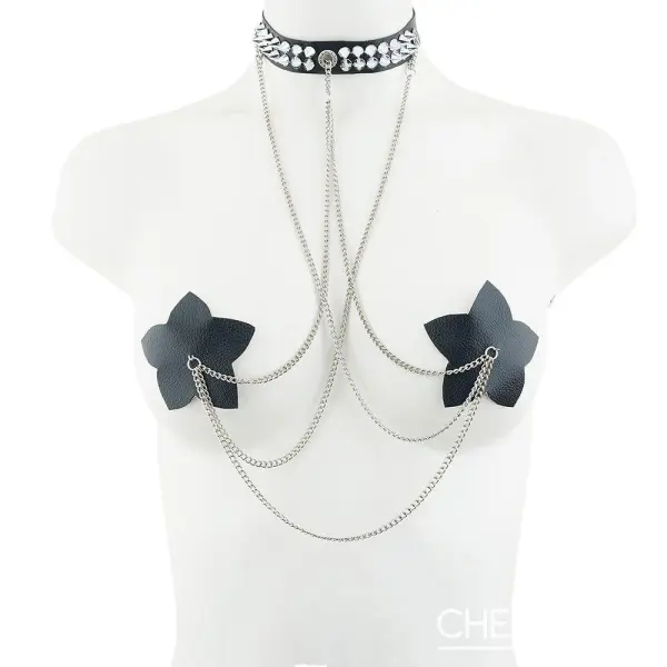 Cache téton et chaine de corps en cuir et collier clous bondage - Stella Bijoux de Corps