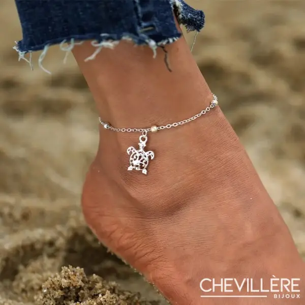 Bracelet de cheville tortue argenté en acier chirurgical avec chaîne fine