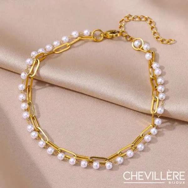 Chainette Pour Cheville Or -  Perles Blanches - Chevillère Bijoux